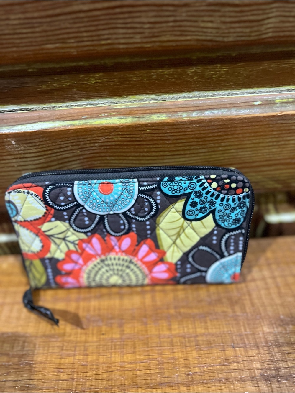 Vera Bradley Floral Zip Wallet - Brown with Turquoise & Yellow Accents
